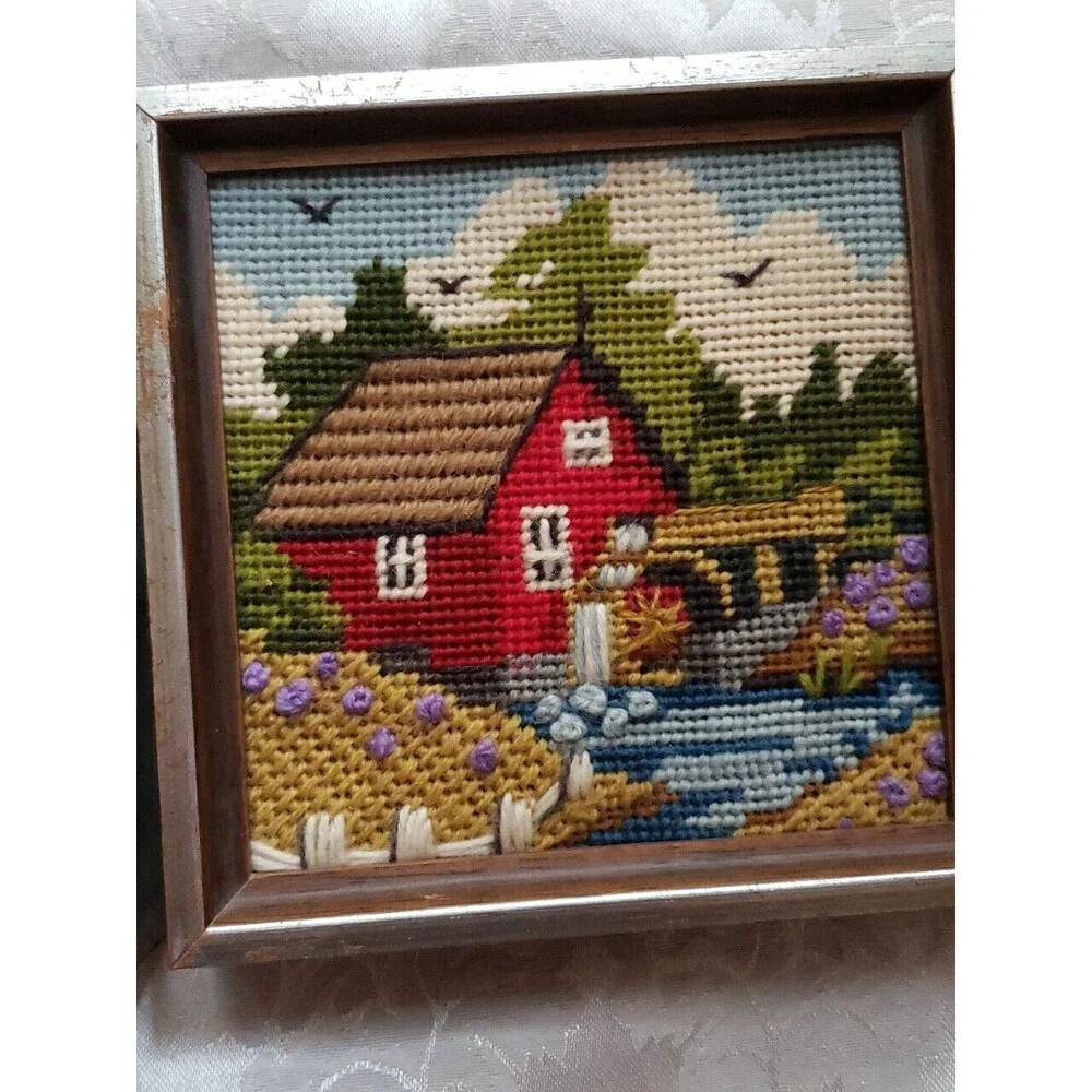 Vintage Jiffy Finished Needlepoint Spring Barn Summer Mill Set 2 Framed Square